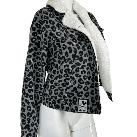 DISNEY Mickey Mouse leopard print grey black Sherpa shacket jacket crop coat S - Picture 12 of 17